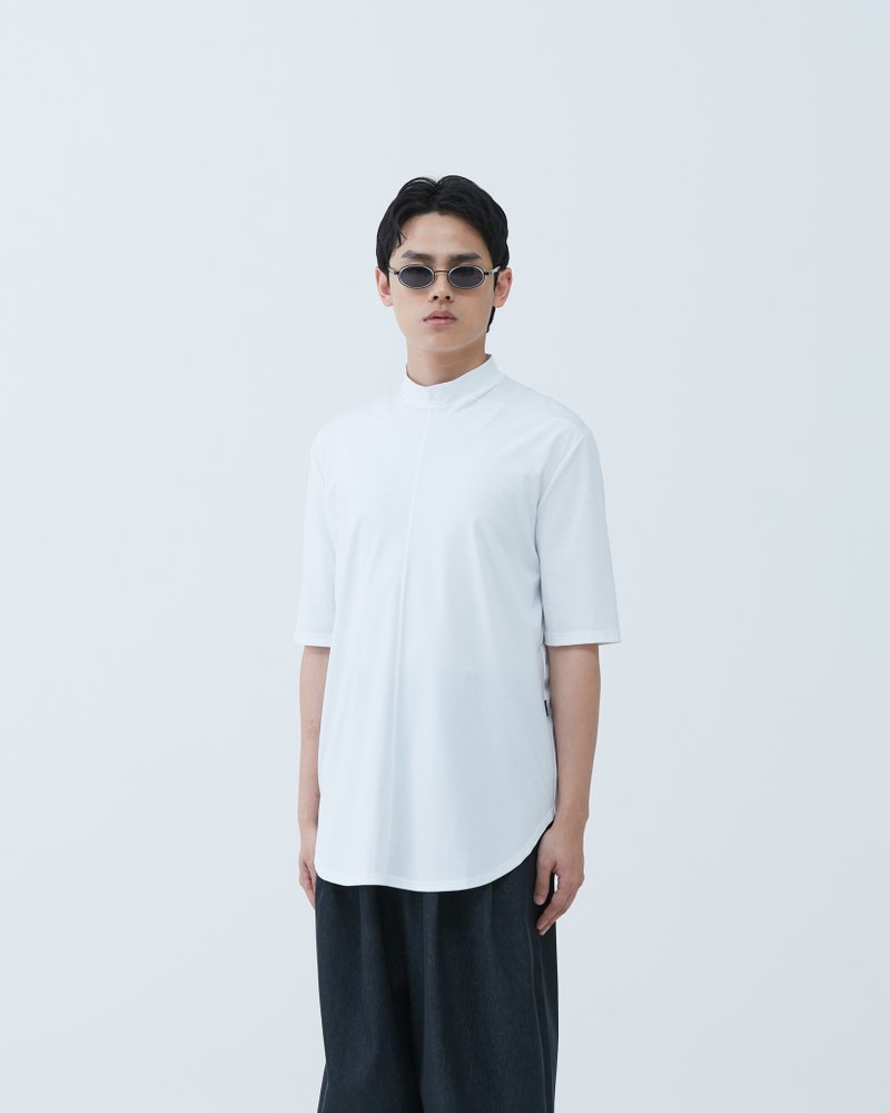 เสื้อยืดแขนสั้นคอสูง - เสื้อยืดผู้ชาย - ผ้าฝ้าย/ผ้าลินิน ขาว