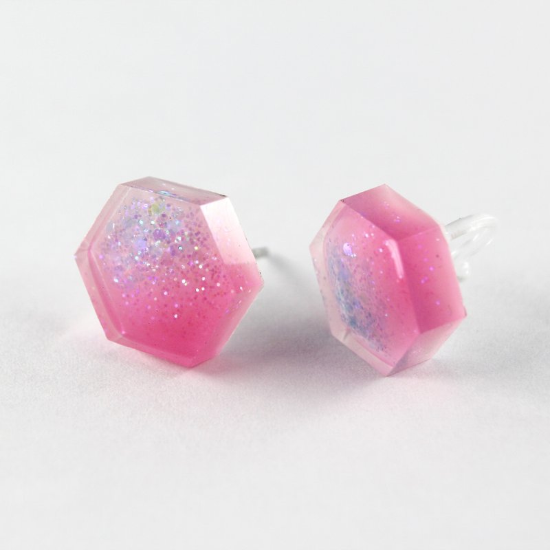 新時代女孩 / 樹脂耳環 - 單隻 / 六角形 漸層 粉紅 亮片 - 耳環/耳夾 - 樹脂 粉紅色