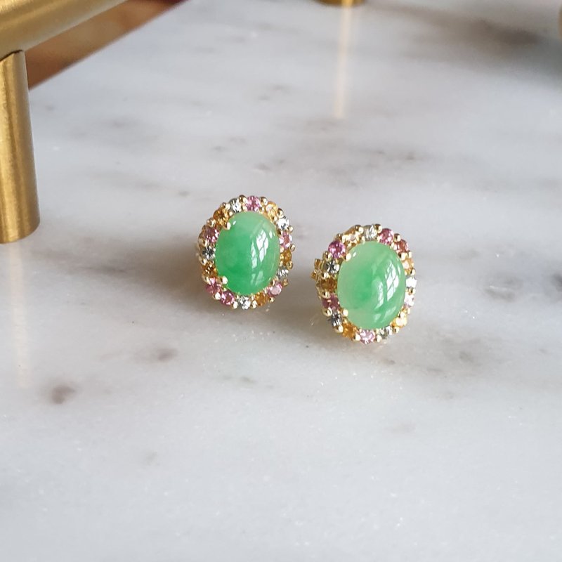 Burmese jade stud earrings natural gemstone in 925 silver with gold plated - 耳環/耳夾/耳骨夾 - 玉石 綠色
