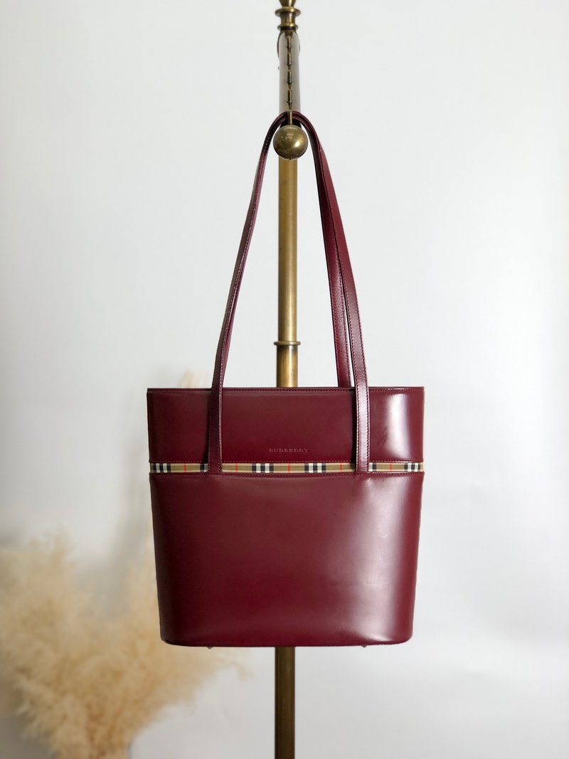【 日本直送　名牌中古包 】BURBERRY バーバリー チェック トートバッグ ボルドー レザー vintage ヴィンテージ オールド aaauzv - 手提包/手提袋 - 真皮 紅色