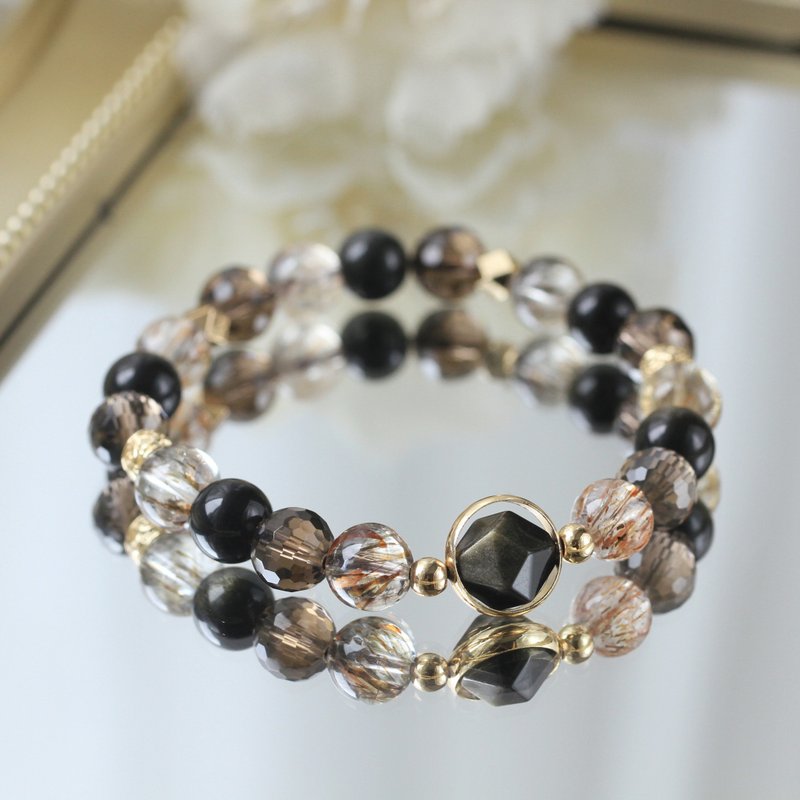 Black gold super seven obsidian citrine 8mm crystal bracelet. Attract wealth, bring luck, ward off evil and protect yourself with positive energy - สร้อยข้อมือ - คริสตัล สีดำ