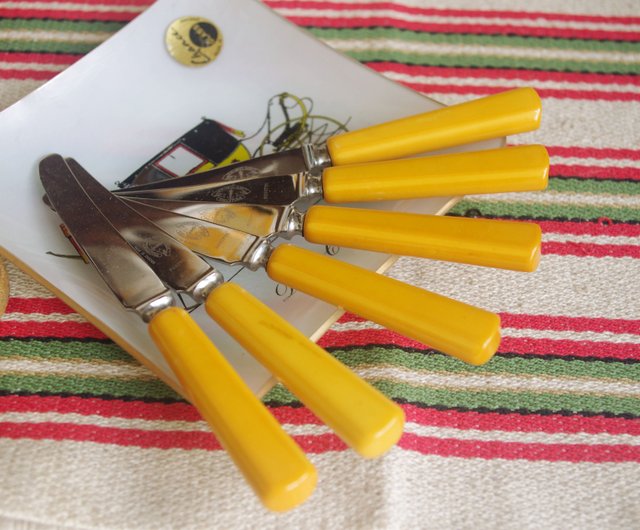 Vintage Set of BUTTER KNIVES With Yellow Handles From Switzerland