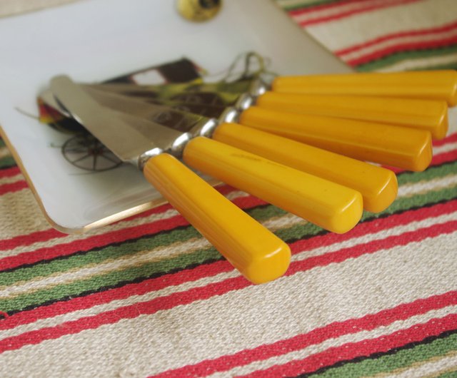 Vintage Set of BUTTER KNIVES With Yellow Handles From Switzerland