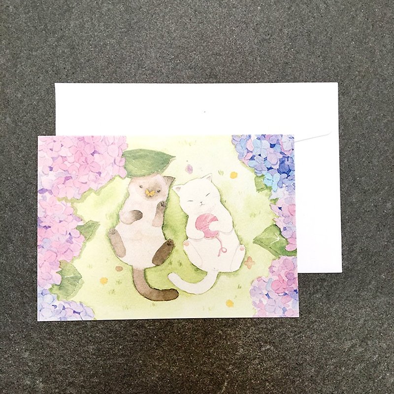 Watercolor postcard with cat and hydrangea - การ์ด/โปสการ์ด - กระดาษ 