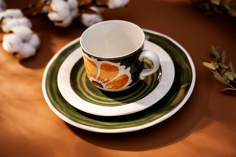 西德製ー古董滿開橙花系列杯盤ー180mlー不含點心盤 - 杯/玻璃杯 - 陶 綠色