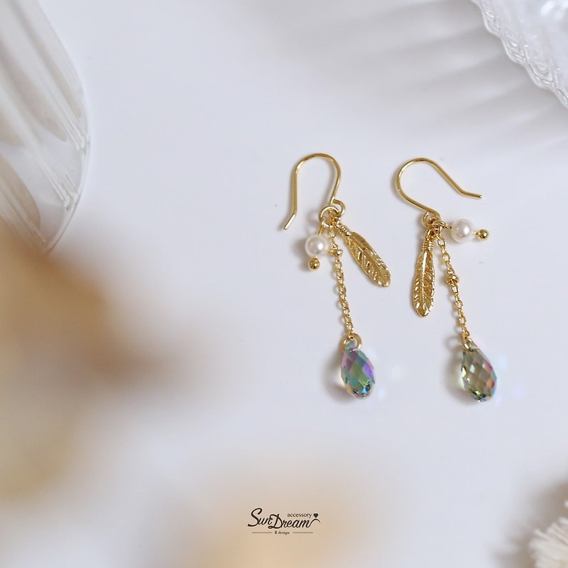 Temperament Feather Pearl Crystal Earrings Crystal Earrings Pearl Earrings Clip-On Earrings Clip-On - ต่างหู - ทองแดงทองเหลือง สีส้ม
