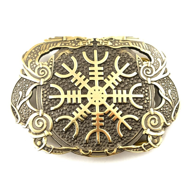Helm of Awe soild brass belt buckle, Viking Runes belt - 皮帶/腰帶 - 其他材質 金色