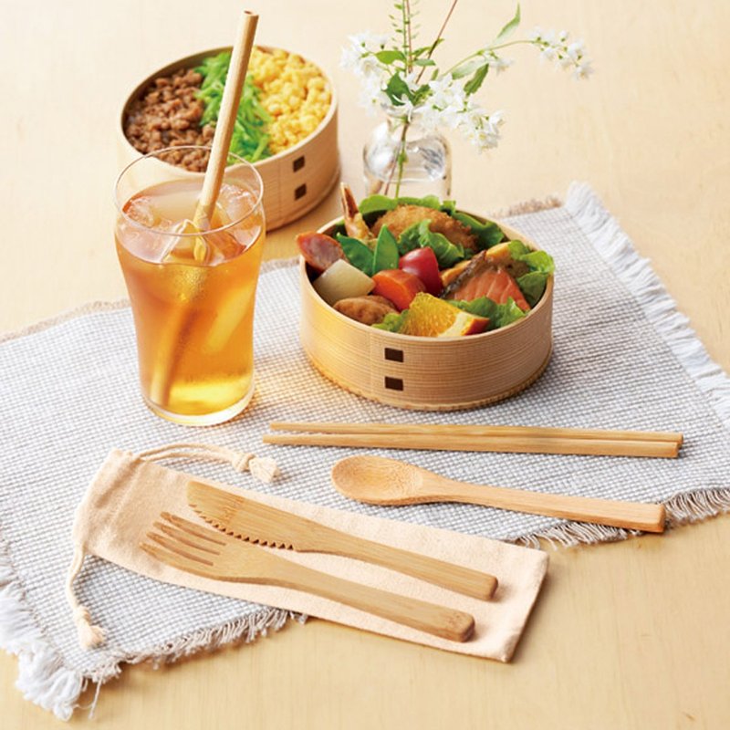 6pc Biodegradable Reusable Bamboo Cutlery Utensil Set Case Included Washable - ชุดเดินป่า - ไม้ไผ่ สีกากี