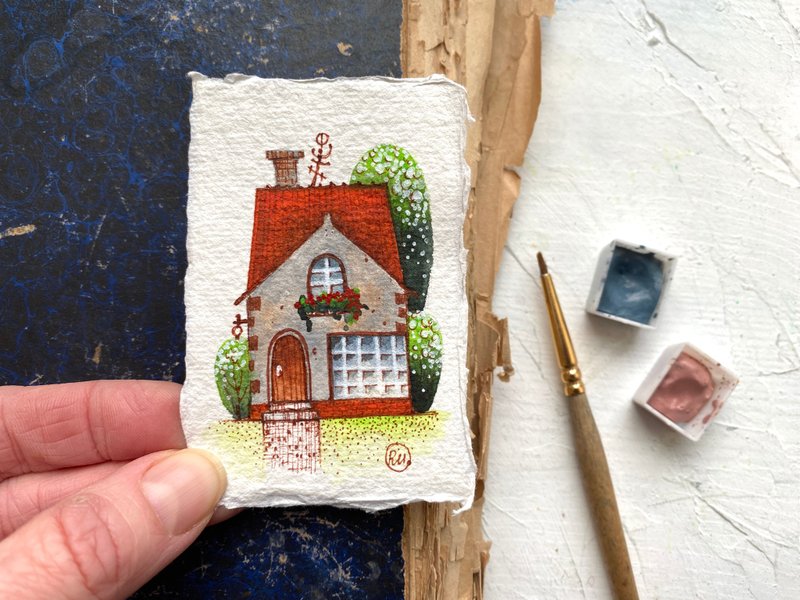 Cottage painting Miniature Original art Tiny artwork Cozy wall art by Rubinova - โปสเตอร์ - กระดาษ หลากหลายสี