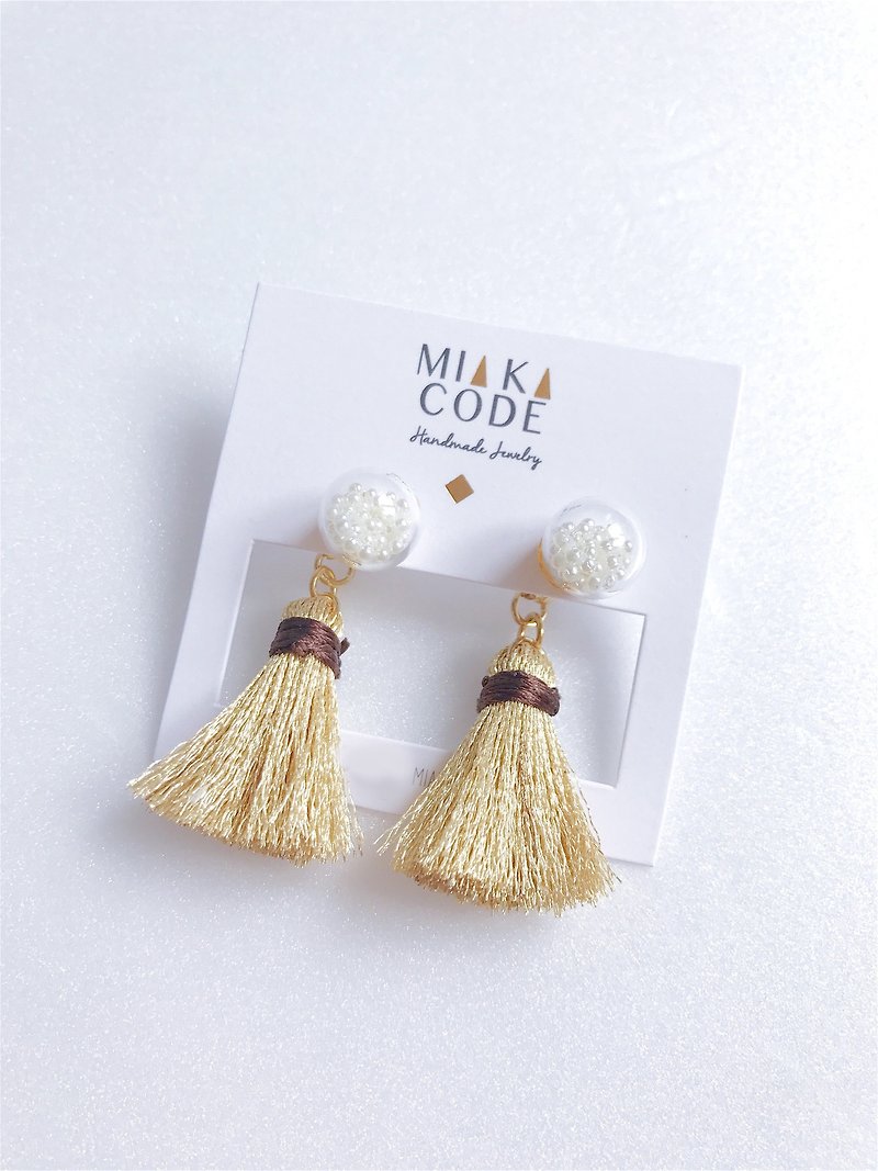 Glass Earrings & Clip-ons Gold - 10mm transparent glass ball shiny tassel (champagne gold) earrings/ Clip-On