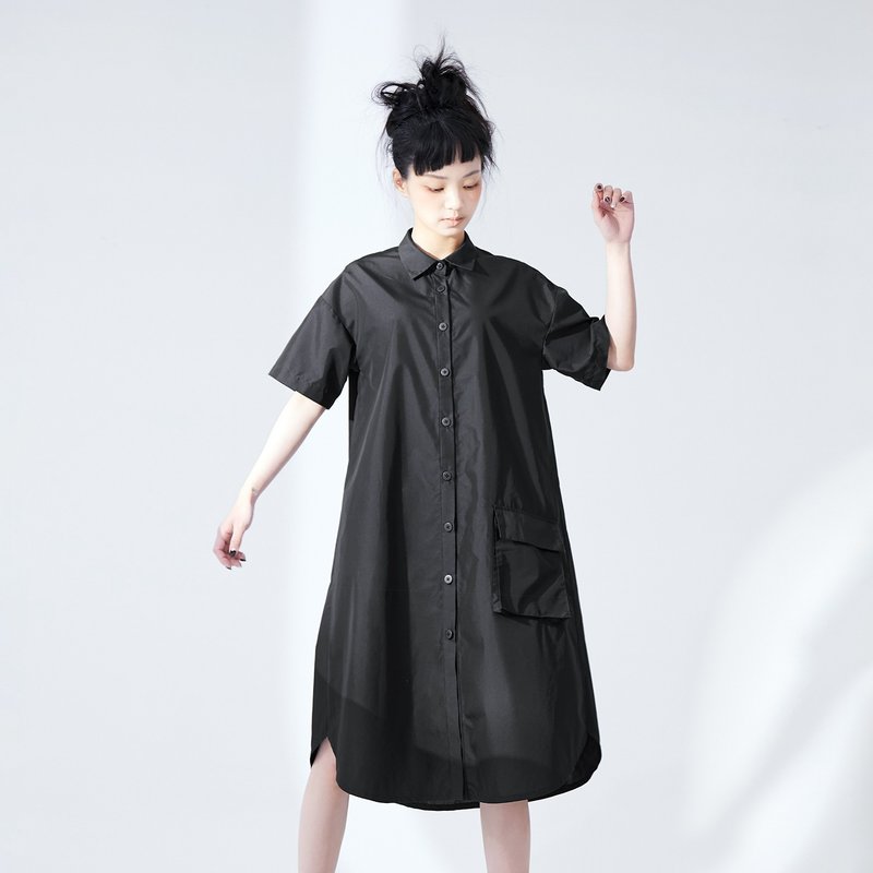 big pocket shirt dress - ชุดเดรส - ผ้าฝ้าย/ผ้าลินิน สีดำ