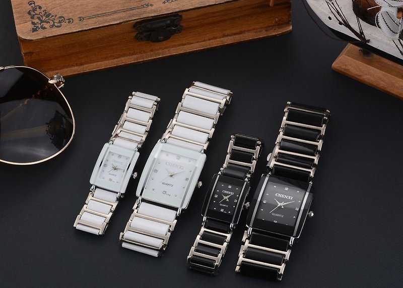 兩人的中秋長方型磚錶 需有其錶防水鑲鑽陶瓷對錶 男錶女錶 情侶 - 對錶/情侶錶 - 瓷 