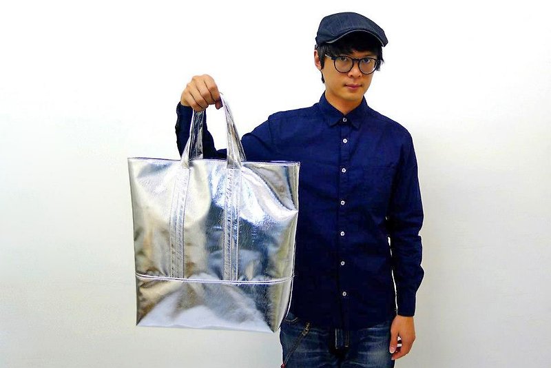 SHINY-Hand made silver waterproof artificial leather portable / tote / laptop bag - Handbags & Totes - Faux Leather Silver