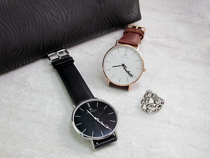 客製化手錶情侶、閨密對錶-經典款皮革錶帶(一對) - 女錶 - 真皮 咖啡色