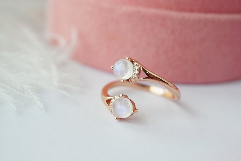 純銀 戒指 白色 - 彩虹月光石 925 純銀鍍玫瑰金 戒指
