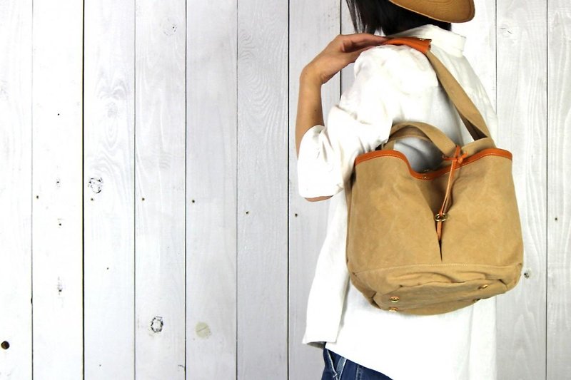 garden: backet · tan tannin dyeing canvas × leather bucket bag - Handbags & Totes - Cotton & Hemp Khaki