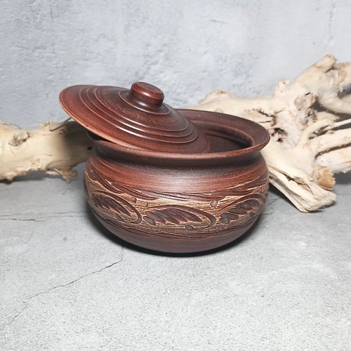 紅石 陶瓷烹飪鍋1500毫升砂鍋與蓋子手工製作的紅粘土