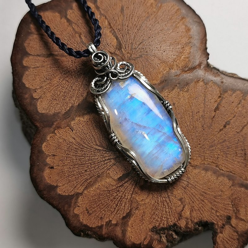 Blue Moonstone-Sterling Silver Braided Design Pendant/With Waterproof Wax Line Necklace - Necklaces - Semi-Precious Stones Blue