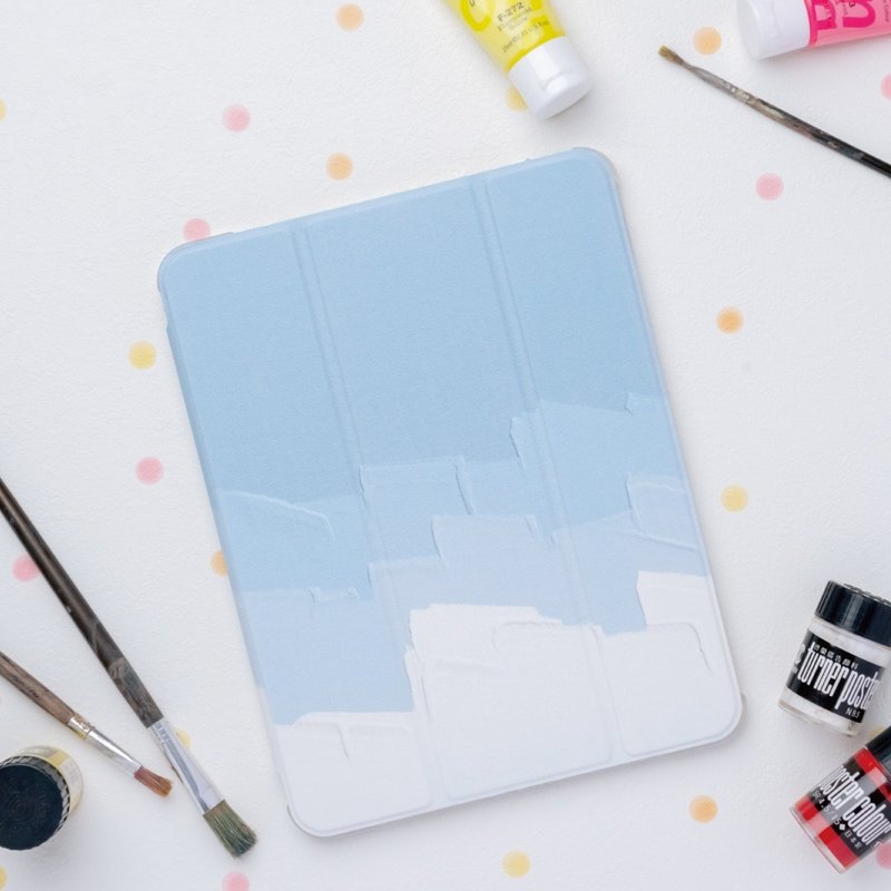 Includes gifts | iPad matte soft bottom soft edge airbag protective case [oil painting cream blue] left pen slot style - เคสแท็บเล็ต - วัสดุอื่นๆ สีน้ำเงิน