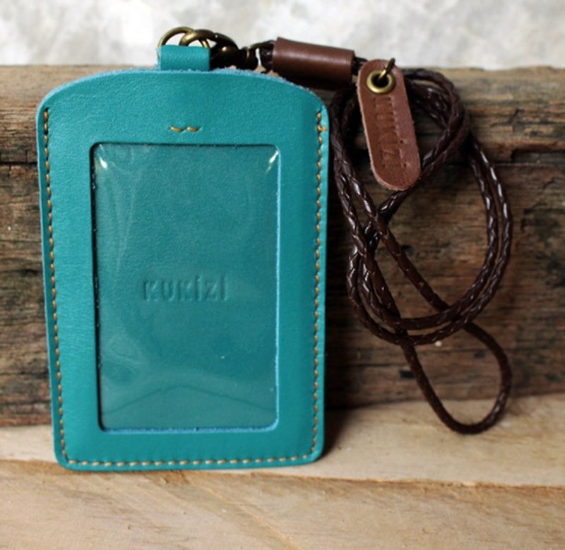 ID case / Key card case / Card case / Card holder - ID 2 -- Teal/Turquoise Blue + Dark Brown Lanyard (Genuine Cow Leather) - ID & Badge Holders - Genuine Leather 