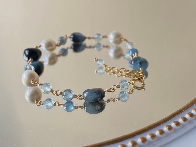 苔蘚海藍寶 海藍寶 淡水珍珠 || 14KGF注金 手工製 日系手鍊 - 手鍊/手環 - 珍珠 藍色
