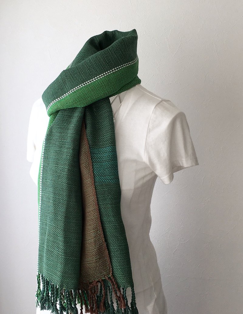 【綿：オールシーズン】ユニセックス：手織りストール "Stripe Green 5" - スカーフ - コットン・麻 グリーン