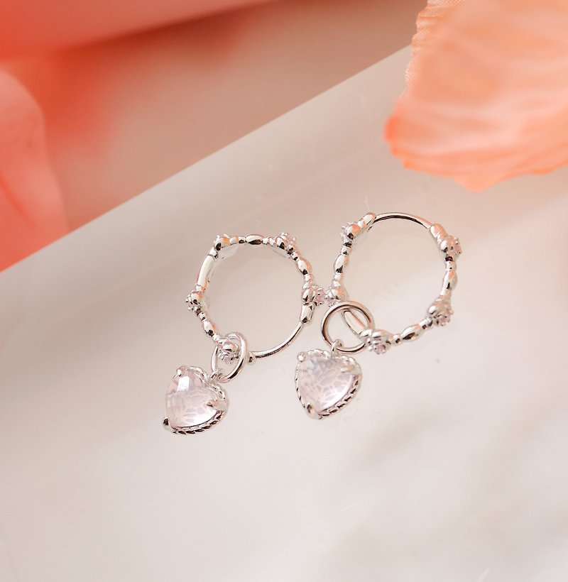 愛心粉晶純銀晶石耳環耳圈 - 耳環/耳夾 - 純銀 粉紅色