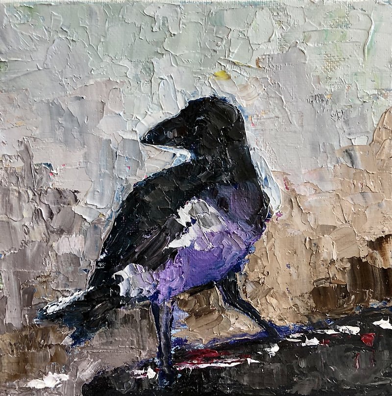Crow Painting, Original Bird Wall Art, Gothic Original Art 15 by 15 centimeters - โปสเตอร์ - ผ้าฝ้าย/ผ้าลินิน สีน้ำเงิน