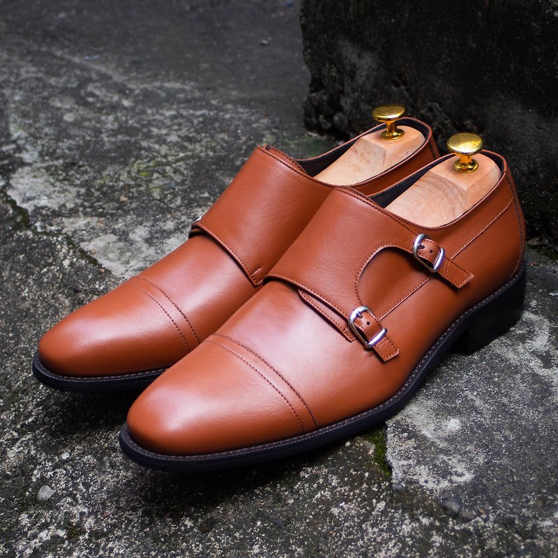 REGENT Double Monk Strap-Tan - Brown/ Cap Toe Double Monk Strap-Tan - Men's Leather Shoes - Genuine Leather Orange