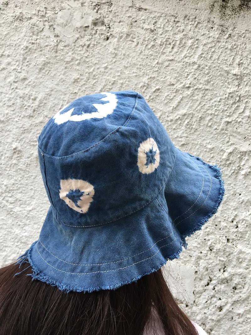Natural blue dyed cotton denim fringed hat - Hats & Caps - Cotton & Hemp Blue