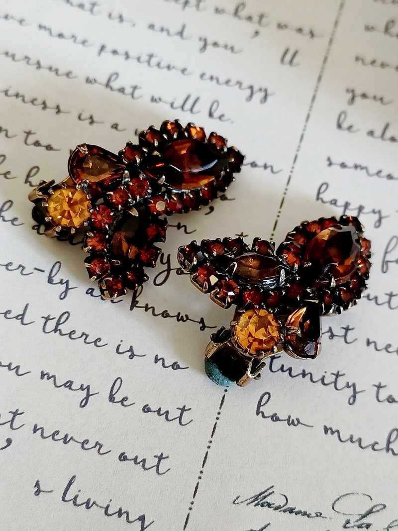 vintage jewelry 古董琥珀色萊茵鑽花卉 夾式耳環 - 耳環/耳夾/耳骨夾 - 其他金屬 