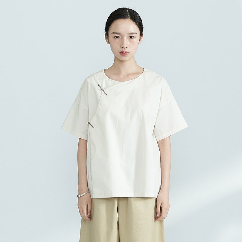 中國風斜襟夏季棉質上衣 短袖襯衫 SH180426 - 恤衫 - 棉．麻 白色