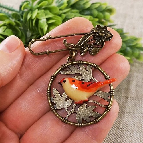 AGATIX Bird Brooch Pin Orange Fire Red Beige Bronze Flower Pin Brooch Woman Jewelry
