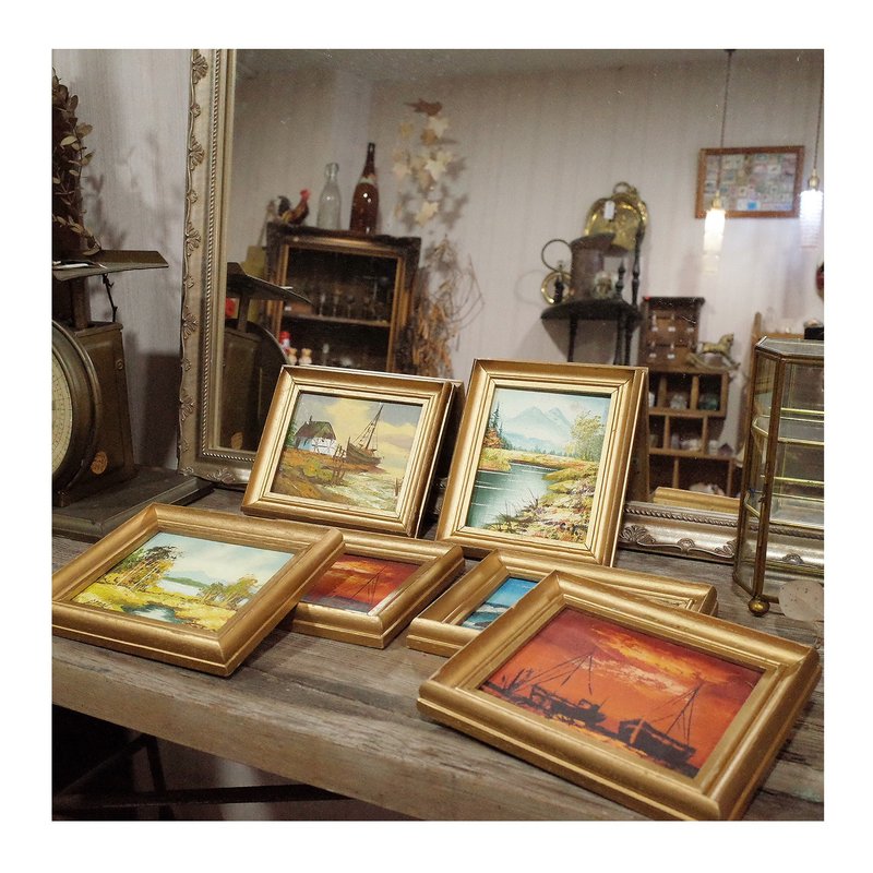 台灣老件.早期金色木頭框.手繪小油畫.非印刷品.擺件.風景畫 - 海報/掛畫/掛布 - 木頭 