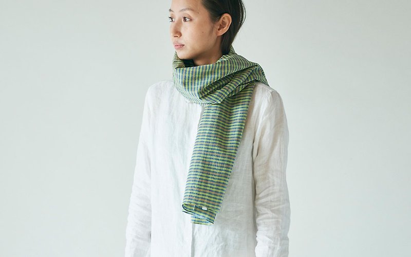 Linen cotton tinted dyed check stall green × blue - Scarves - Cotton & Hemp Green