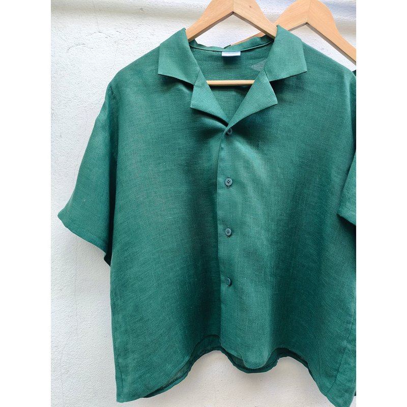 Linen | Green shirt with open collar - 女襯衫 - 棉．麻 綠色