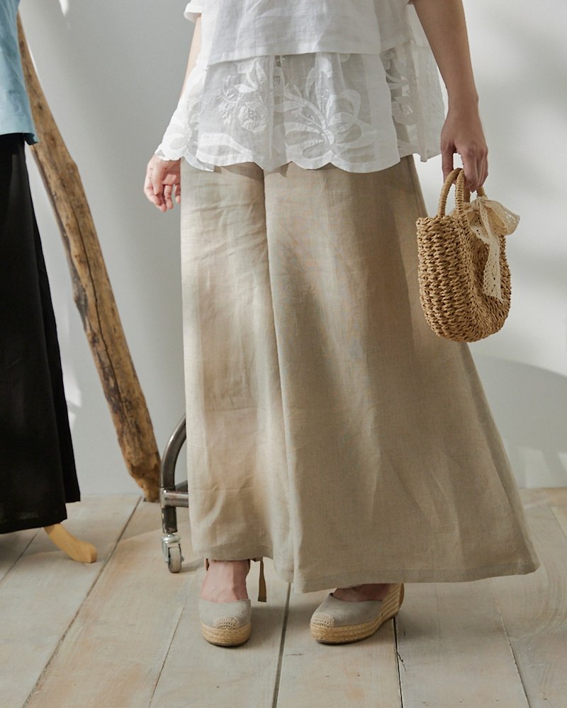 [Sori Zhihai] Linen elastic wide pants-customizable colors - Women's Pants - Linen Khaki
