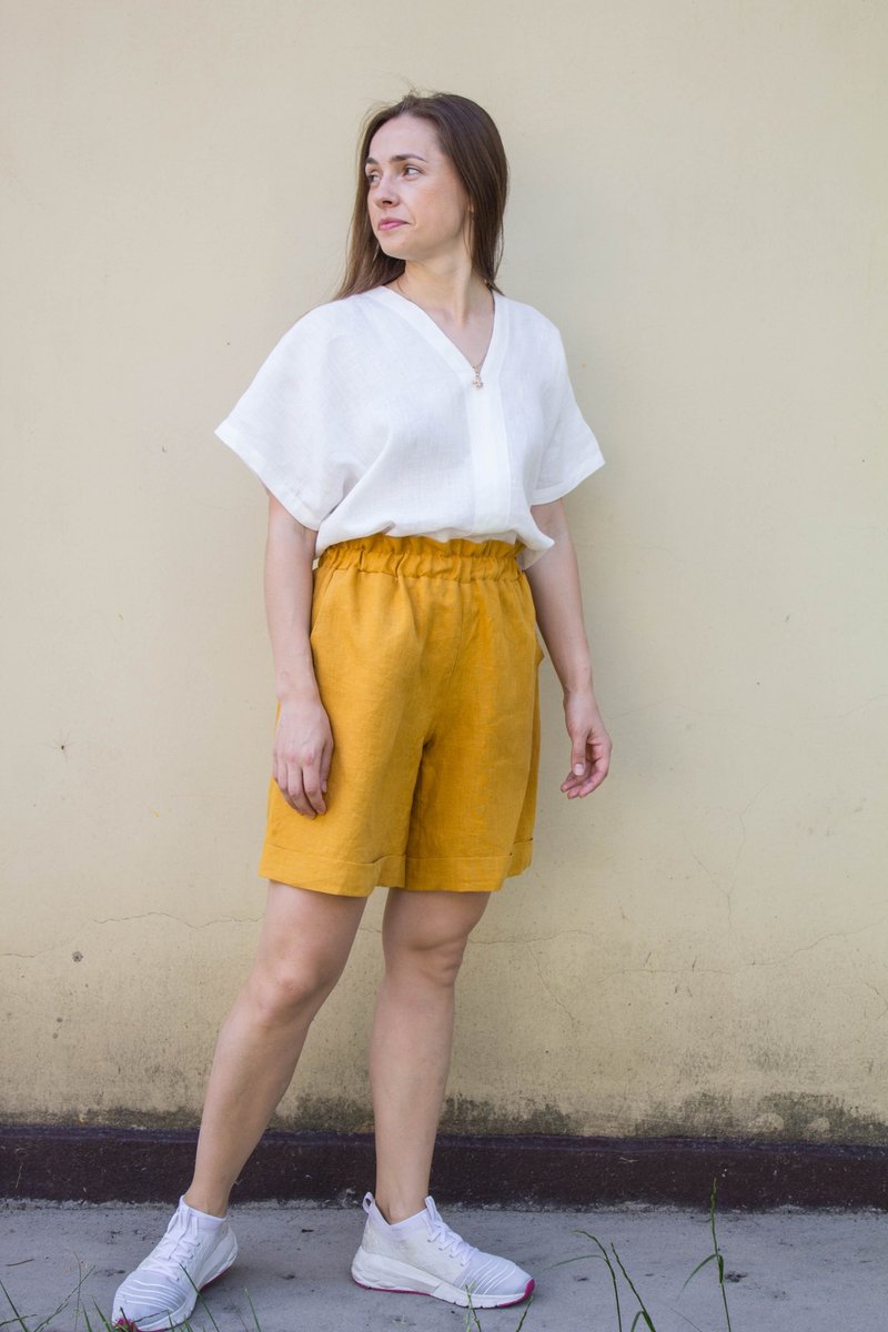 Mustard Linen Shorts Women - High waisted shorts - Linen Shorts with pockets - กางเกงขาสั้น - ลินิน สีส้ม