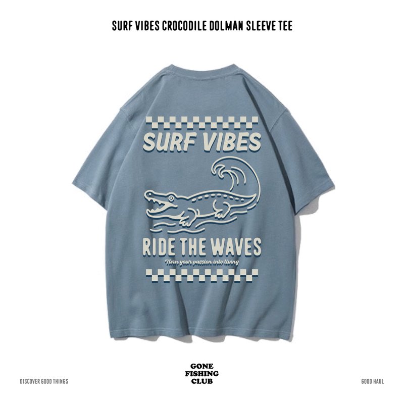 SURF VIBES CROCODILE 鱷魚 中性短袖T恤 8色男女同款 - 男 T 恤 - 棉．麻 藍色