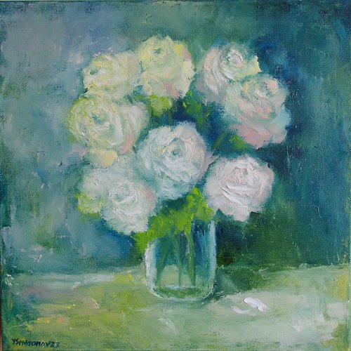 SemyonovArt Studio Roses Flowers Original Art Oil Painting Wall Decor White Roses