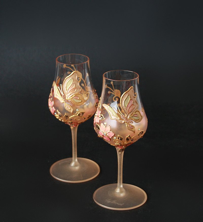 Brandy Glasses Butterdly WildFlowers design, Swarovski Crystals, hand-painted - แก้วไวน์ - แก้ว สีทอง