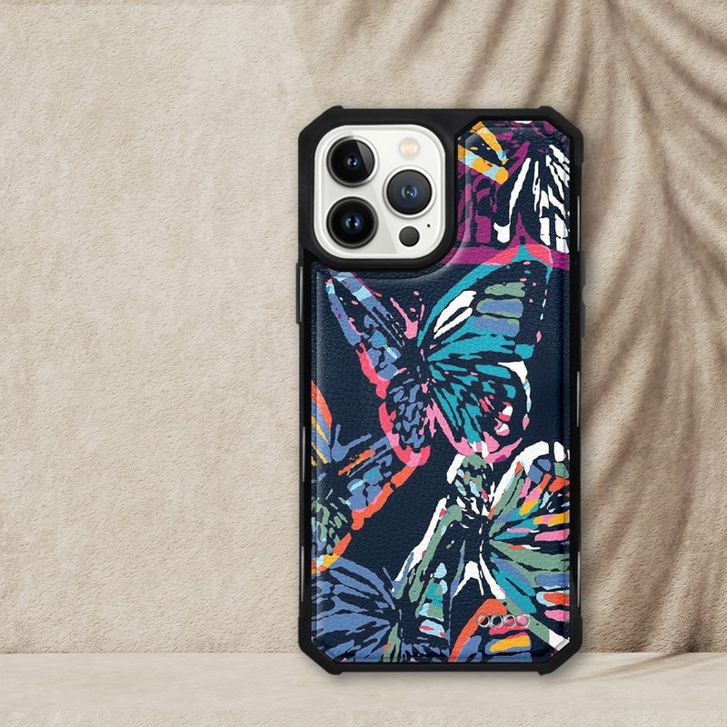 iPhone 13全系列軍規防摔皮革磁吸手機殼-彩蝶(黑殼) - 手機殼/手機套 - 其他材質 多色