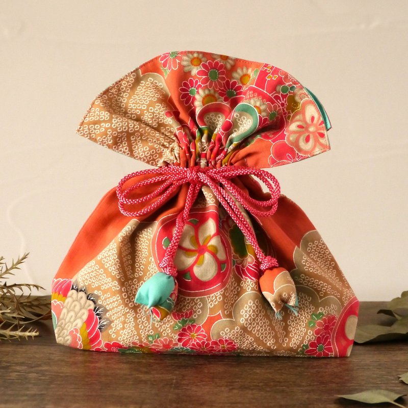 アンティーク　着物　巾着　幸せを呼ぶFUGURO　 中サイズ - 化妝包/收納袋 - 棉．麻 紅色