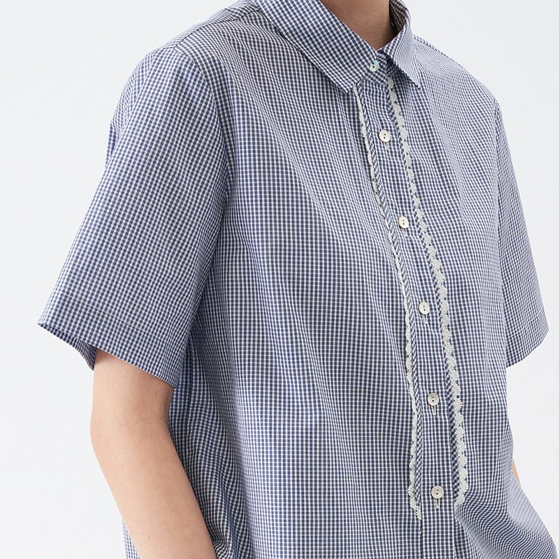 First dyed fabric cotton ancient lace plaid short-sleeved shirt SH211110 - เสื้อเชิ้ตผู้หญิง - ผ้าฝ้าย/ผ้าลินิน สีน้ำเงิน