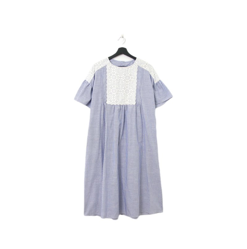 Back to Green-復古長洋裝 藍條紋 白花紋 Ls-07//vintage dress - 洋裝/連身裙 - 棉．麻 