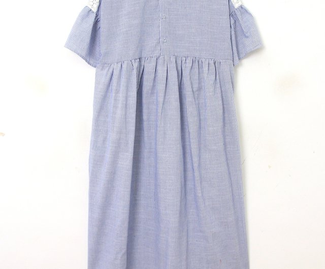 グリーンヴィンテージロングドレス（ブルーストライプとホワイト