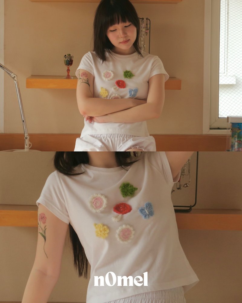 YURAYURA BABY TEE (WHITE/BLACK) - T 恤 - 棉．麻 白色