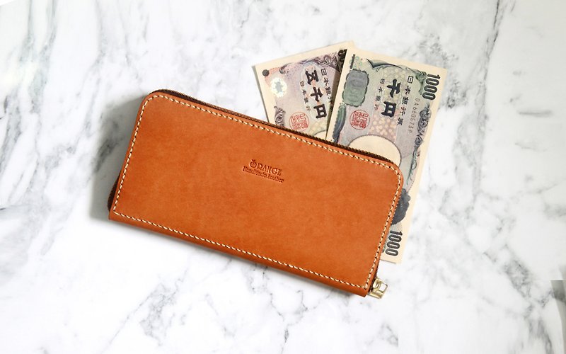 Small orange peel vegetable tanned cowhide zipper long wallet/wallet - กระเป๋าสตางค์ - หนังแท้ 