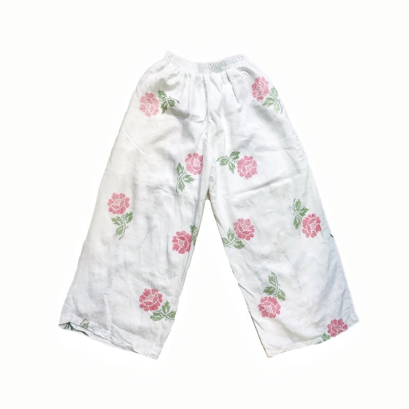 Vintage Embroidered Patchwork Pants Handmade Cross Stitch Rose Reversible Trousers - กางเกงขายาว - ผ้าฝ้าย/ผ้าลินิน ขาว