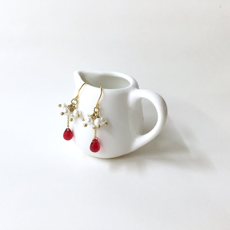 【Ruosang】|Xia|Red makeup Suli. Pearl/Water Drop/Imported 18K Gold Earrings/Ear Hooks/Earrings/ Clip-On - Earrings & Clip-ons - Gemstone Red